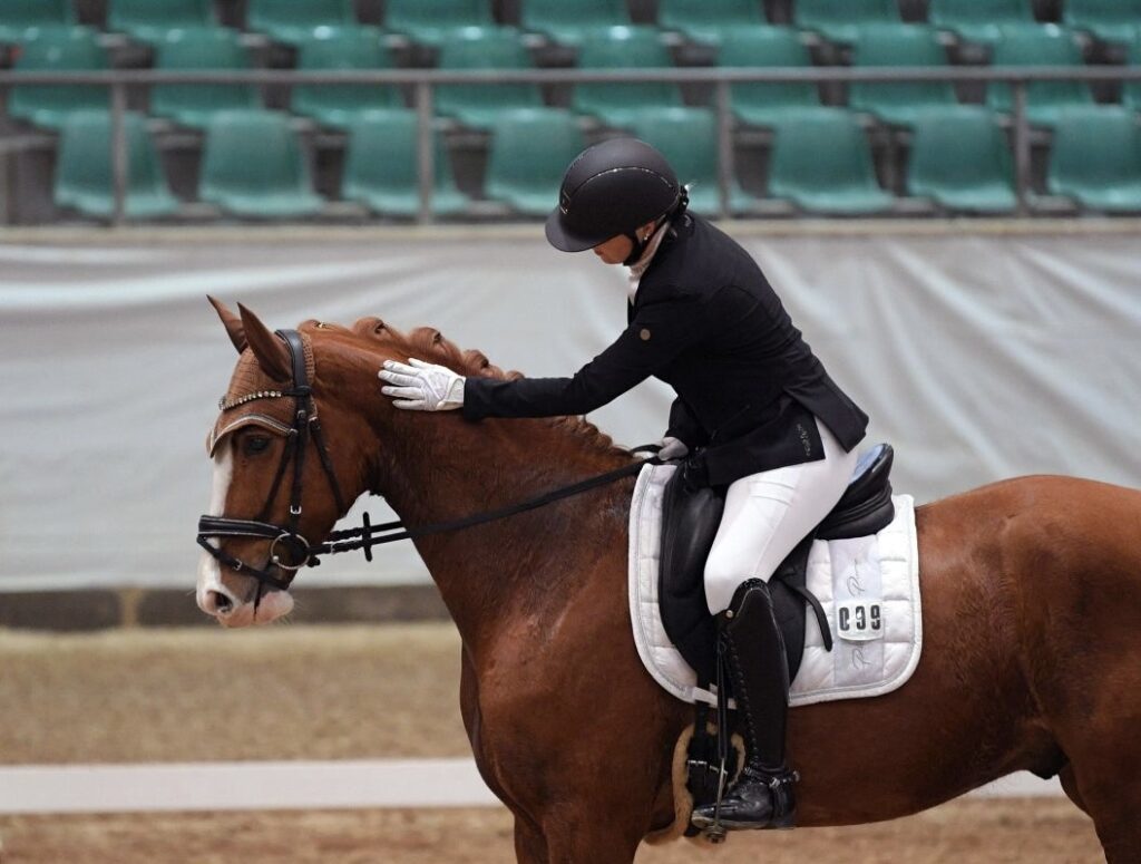Reiterin streichelt ihr Pferd nach Wettkampf